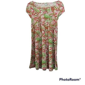 Crown & Ivy Pink‎ Green Orange Print Boat Neck Flowy Dress Cutout on the back